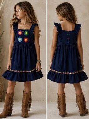 Haute Hippie Girls Navy Embroidered Flower Dress Size 7 Boho Ruffle Tassel